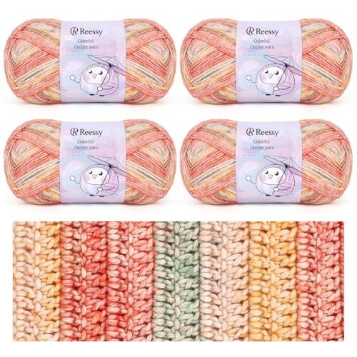 Reessy Strickwolle, 4 × 100 g Acrylgarn, Häkelgarn-Set, 78 % Baumwolle, 22 % Acrylgarne zum Häkeln, superweiche, mehrfarbige Wolle zum Stricken von Schals, Schals, Socken, Basteln und Kleidung von Reessy