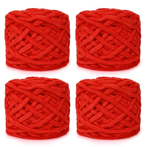 Reessy Super sperriges Chenille-Garn zum Häkeln, 4 Stück mit 100 g, CYC #6 Super Bulky Weight Rope-like Chunky Garn, flauschig matt, dick zum Häkeln von Decken, Taschen und Teppichen (Hellrot) von Reessy