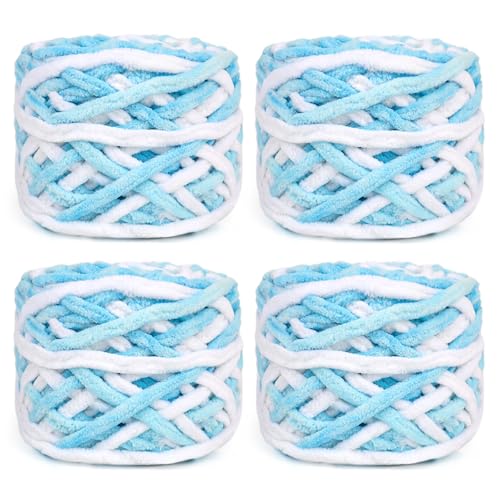 Reessy Super sperriges Chenille-Garn zum Häkeln, 4 Stück mit 100 g, CYC #6 Super Bulky Weight Rope-like Chunky Garn, flauschig matt, dick zum Häkeln von Decken, Taschen und Teppichen (blau-weiß) von Reessy