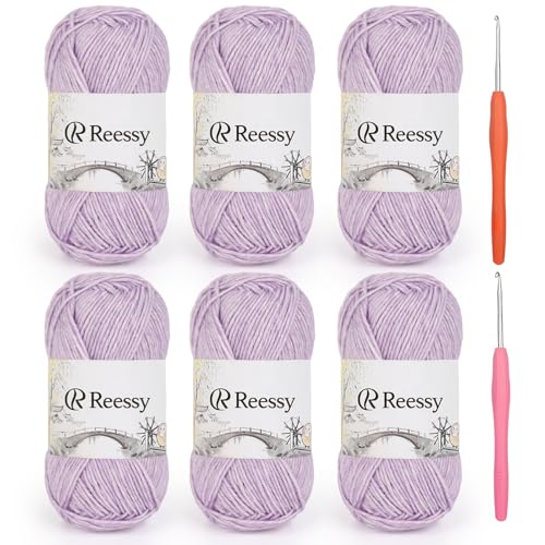 Reessy Weiches, flauschiges Baumwollgarn zum Häkeln, 6 Stück, 50 g, 78 % Baumwollmischung, feines Gewicht (CYC #2), einfaches Häkelgarn für Anfänger, ideal für Baby-Projekte, Plüschtiere und Schals von Reessy
