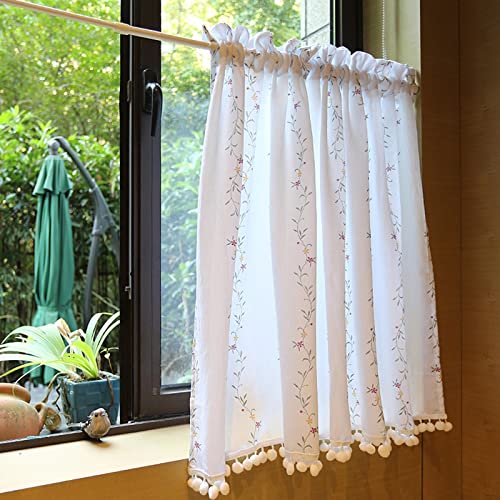 Refue Weiß Bistrogardinen Blumen Muster mit Pompom Baumwolle Kurzgardine Scheibengardine für Kleinfenster Küchen Wohnzimmer (Size : W140 x L110 cm/W55 x L43 inch) von Refue