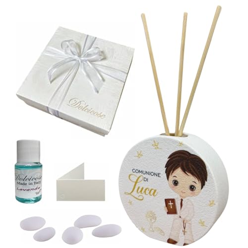 Regalami. Shop 10 personalisierte Gastgeschenke zur Kommunion, Diffusor aus Carrara-Marmor mit Schachtel, Mandel, Essenz, Organzaband und personalisierter Karte (Kommunion für Jungen, 10) von Regalami
