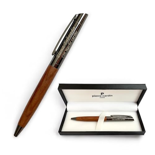Regalo Grabado Pierre Cardí personalisierter Kugelschreiber | permanente Textgravur in 2 Zeilen | Design Metall und Holz | Drehmechanismus | elegantes Etui von Regalo Grabado