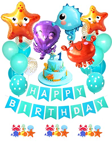 34er Set Glizer Meerestier Seepferdchen Fisch Meeresthema Happy Birthday Girlande Ocean Ballons Banner Luftballons Kindergeburtstag deko Party Dekorationen Kuchendekoration von Regendeko