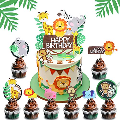Regendeko 25 Stück Happy Birthday Dschungel Tiere Waldparty Girlande Kuchendekoration Cake Toppers Geburtstagskuchen Deko (25pcs) von Regendeko