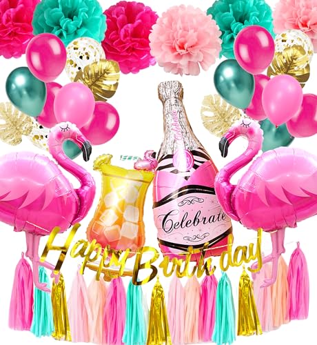 Regendeko Happy Birthday Flamingo Montera Set Geburtstagsdekoration Sommerfest Flamingo Party Dekoration Hawaii deko Folienballons Geburtstag Urlaub Sommer Deko von Regendeko