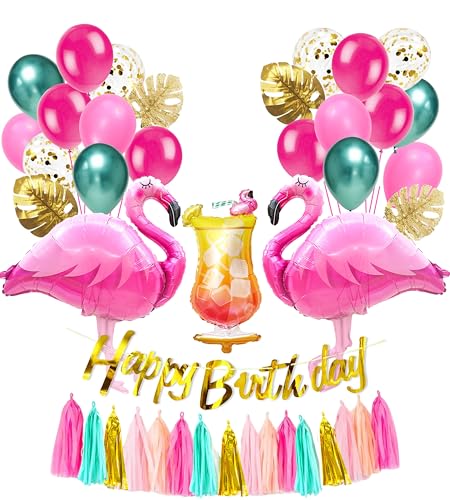 Regendeko Happy Birthday Flamingo Montera Geburtstagsdeko Set Sommerfest Flamingo Party Dekoration Hawaii deko Folienballons Geburtstag Urlaub Sommer Deko von Regendeko