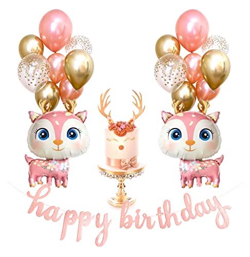 Regendeko Happy Birthday Pink Hirsch Geburtstagsdeko Tier Kindergeburtstag Geburtstag MädchenDeko Luftballon Girlande Konfetti Luftballons Party Deko von Regendeko