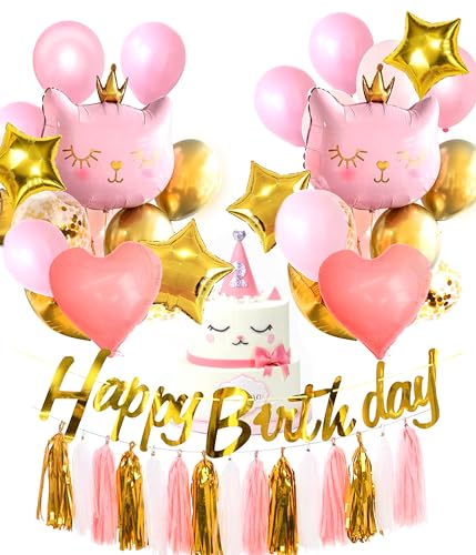 Regendeko Happy Birthday Pink Katzen Geburtstagsdeko Tier Kindergeburtstag Geburtstag MädchenDeko Luftballon Girlande Konfetti Luftballons Party Deko von Regendeko