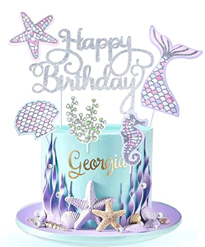 Regendeko Happy Birthday Silber Glitzer Meerjungfrau Tortendeko Ocean Theme Tortenaufleger Kuchendekoration Cupcake Cake Toppers Geburtstagskuchen Deko Tortendeko Mädchen Partydeko Mädchen (Silber) von Regendeko