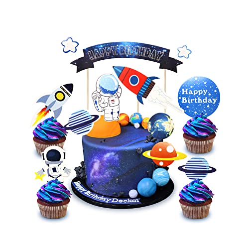 18er Happy Birthday Weltraum-Abenteuer-Thema Astronaut Cake Toppers Geburtstagskuchen Deko Cupcake Toppers für Weltraum Party Kinder Planeten Geburtstag Party Sterne Babyparty von Regendeko