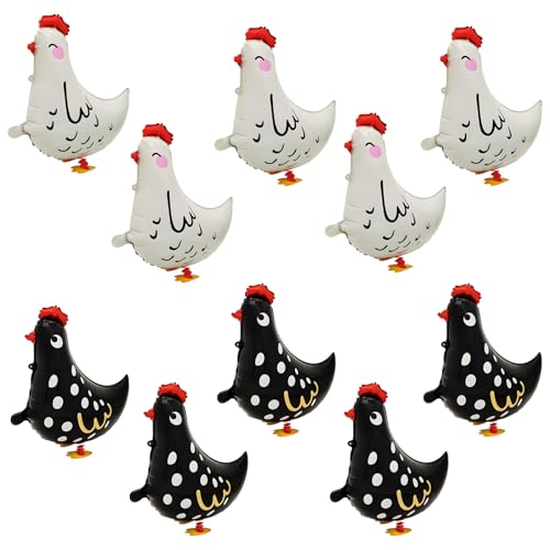 Huhn Folienballon, Regerly 10 Stück Henne Walking Tier Folienballon Huhn Luftballons Tiere Luftballon Set für Kindergeburtstag Bauernhof-Party Party Deko (5 Weiß/5 Schwarz) von Regerly