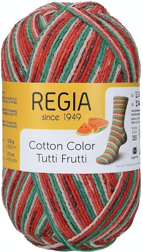 REGIA 4-fädig Cotton Tutti Frutti 9801621-02421 wassermelone Handstrickgarn, Sockengarn, 100g Knäuel von Regia