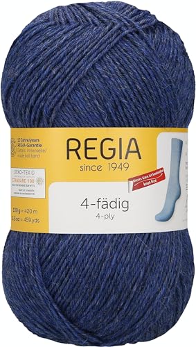 REGIA 4-fädig Uni 9801268-01846 bluejeans meliert Handstrickgarn, Sockengarn, 100g Knäuel von Regia