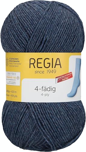 REGIA 4-fädig Uni 9801268-02137 jeans meliert Handstrickgarn, Sockengarn, 100g Knäuel von Regia