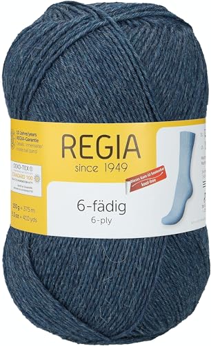 REGIA 6-fädig Uni 9801275-02137 jeans meliert Handstrickgarn, Sockengarn, 150g Knäuel von Regia
