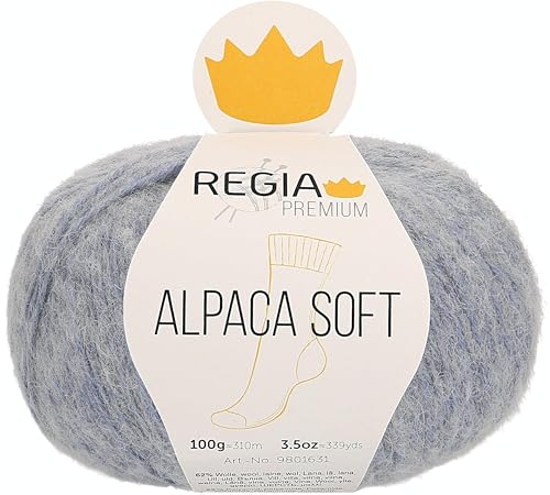 REGIA Premium Alpaca Soft 9801631-00050 hellblau meliert Handstrickgarn, Sockengarn, 100g Knäuel von Regia