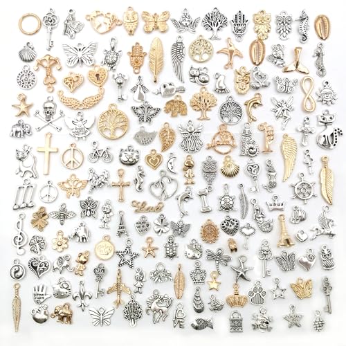 150-Teiliges MetallanhäNger-Set, Charm-Armband-AnhäNger-Set, Ohrring-KettenanhäNger FüR Schmuck, Kunsthandwerk, Mix Aus AnhäNgerkette Und Vintage-äSthetischem Armband, Halskette, Antiksilber/Gold 150-Teiliges MetallanhäNger-Set, Charm-Armband-AnhäNger-Set, Ohrring-KettenanhäNger FüR Schmuck, Kunsthandwerk, Mix Aus AnhäNgerkette Und Vintage-äSthetischem Armband, Halskette, Antiksilber/Gold von Reh:ncla