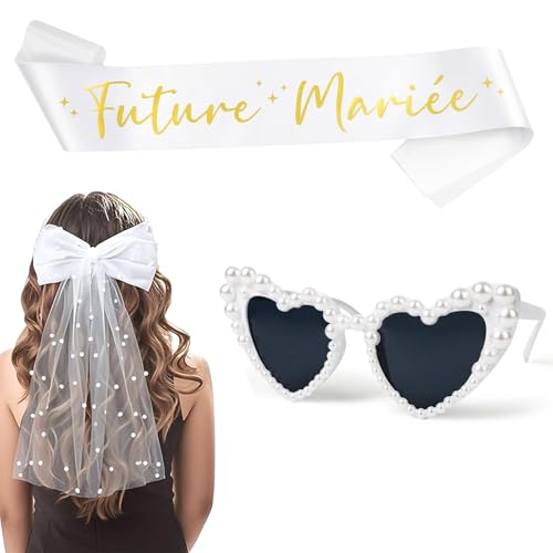 3 Stück Accessoires für Bride to Be,Frauen Junggesellinnenabschied Set - Brautgürtel, Brautschleier, Herzbrille,für Bachelorette Party und Hochzeitsfotografie von Rehecher