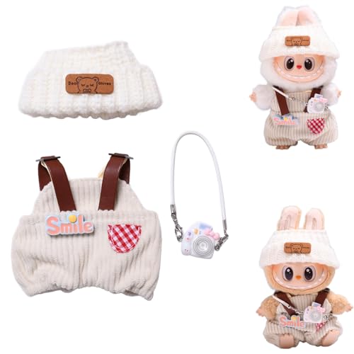 Rehecher Labubu Kleidung,Inklusive Mütze, Latzhose, Kamera - Handgewebte für 15/17 cm Puppen, Labubu-Liebhaber von Rehecher