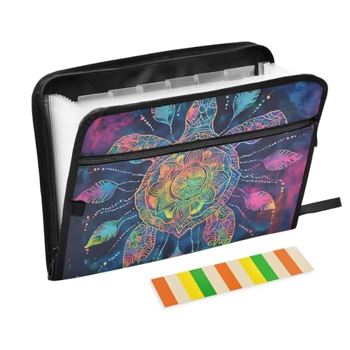 Akkordeon-Dokumentenmappe mit kreativem buntem Muster, Schildkröte, mit Klebeetiketten, 13 Taschen, Dokumenten-Organizer mit Reißverschluss von Reiacy