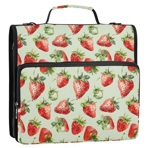 Aquarell-Sommer-Erdbeeren, 3-Ringbuch, Reißverschluss, Organizer, Tasche mit Schultergurt und Griff, für Schule, Büro von Reiacy