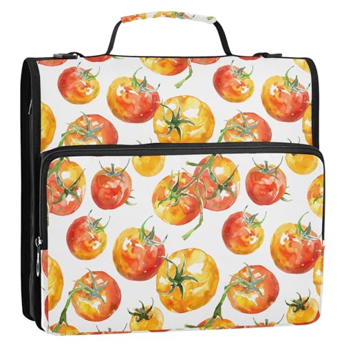 Aquarell-Tomaten-Druck, 3-Ringbuch, Reißverschluss, Organizer, Tasche mit Schultergurt und Griff, für Schule, Büro von Reiacy