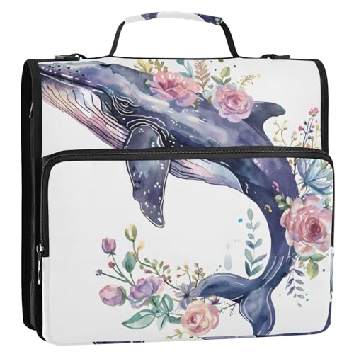 Aquarell-Wal mit Blumen, 3-Ringbuch, Reißverschluss, Organizer, Tasche mit Schultergurt und Griff, für Schule, Büro von Reiacy