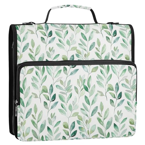 Aquarell-grüne Blätter, 3-Ringbuch, Reißverschluss, Organizer, Tasche mit Schultergurt und Griff, für Schule, Büro von Reiacy