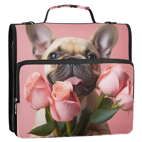 Bulldogge mit Tulpe 3-Ringbuch, Reißverschluss, Organizer mit Schultergurt und Griff, für Schule, Büro von Reiacy