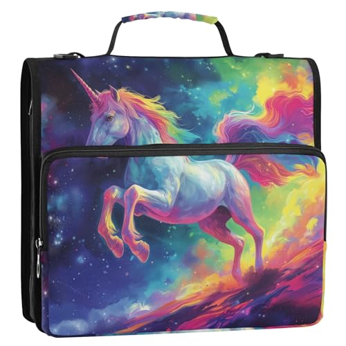Bunter Regenbogen-Einhorn, 3-Ringbuch, Reißverschluss, Organizer, Tasche mit Schultergurt und Griff, für Schule, Büro von Reiacy