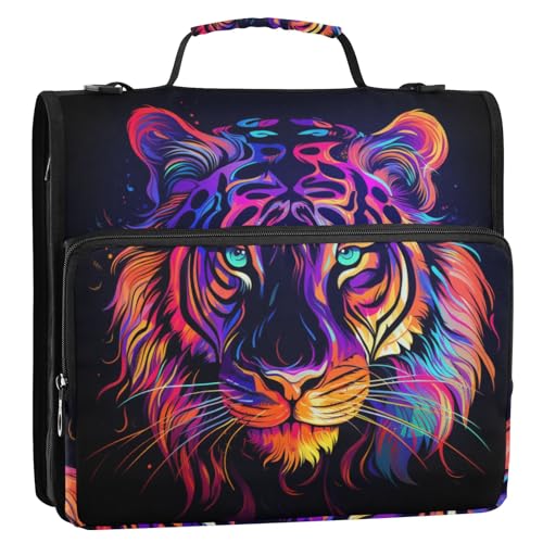 Bunter Tigerkopf, 3-Ringbuch, Reißverschluss, Organizer, Tasche mit Schultergurt und Griff, für Schule, Büro von Reiacy