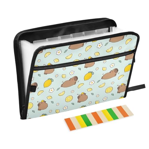 Capybara Fächermappe mit Zitronen und Klebeetiketten, 13 Taschen, Akkordeon-Aktenordner, Dokumenten-Organizer mit Reißverschluss von Reiacy