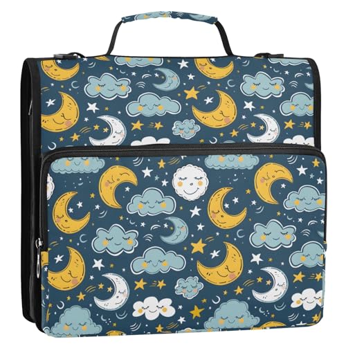 Cartoon Cozy Moon with Clouds 3-Ringbuch Reißverschluss Ordner Organizer Tasche mit Schultergurt und Griff für Schule Büro von Reiacy