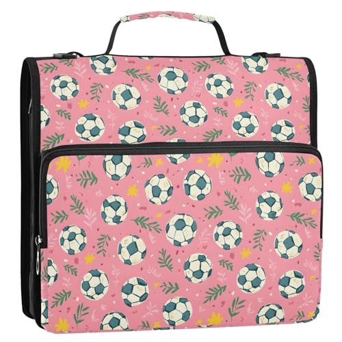 Cartoon-Fußball mit Blumenmuster, 3-Ringbuch, Reißverschluss, Organizer, Tasche mit Schultergurt und Griff, für Schule, Büro von Reiacy