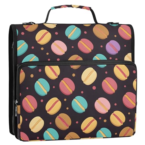 Cartoon-Macaron-Muster, 3-Ringbuch, Reißverschluss, Organizer, Tasche mit Schultergurt und Griff, für Schule, Büro von Reiacy