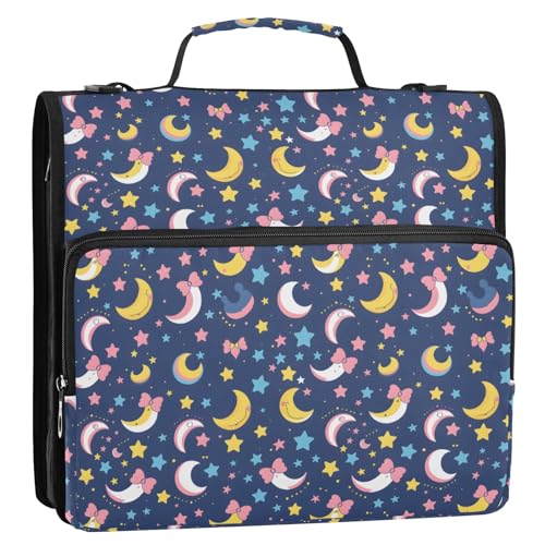 Cartoon-Mond mit Sternen, 3-Ringbuch, Reißverschluss, Organizer, Tasche mit Schultergurt und Griff, für Schule, Büro von Reiacy