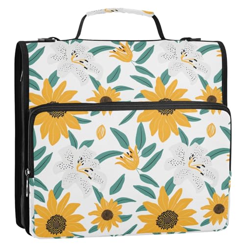 Cartoon-Sonnenblume und Lilie, 3-Ringbuch, Reißverschluss, Organizer, Tasche mit Schultergurt und Griff, für Schule, Büro von Reiacy