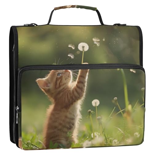Cat Plays Dandelions 3-Ringbuch mit Reißverschluss, Organizer mit Schultergurt und Griff, für Schule, Büro von Reiacy