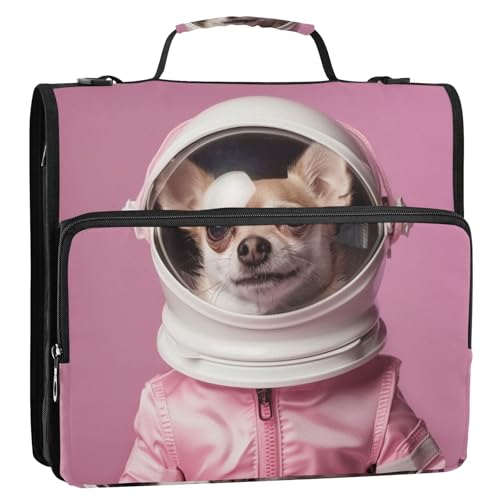 Chihuahua Hund Astronaut 3-Ringbuch Reißverschluss Ordner Organizer Tasche mit Schultergurt und Griff für Schule Büro von Reiacy