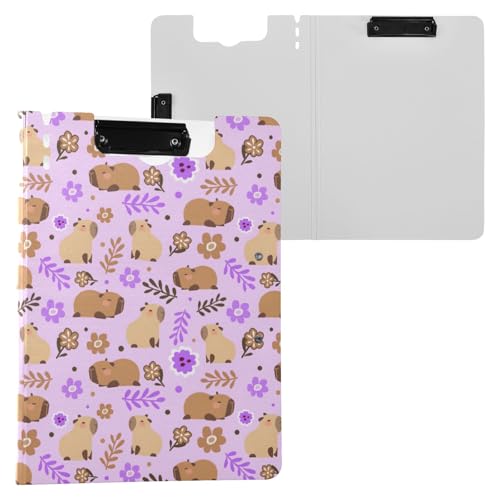 Cute Capybara Klemmbrettmappe mit violetten Blumen, A4-Größe, Ordner-Klemmbrett mit Stiftschlitz, für Büro, Schule von Reiacy