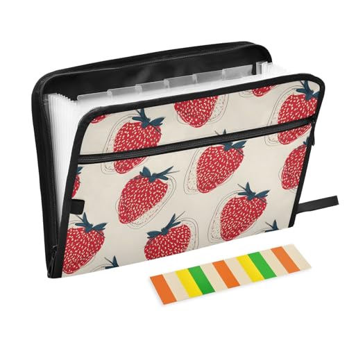 Fächermappe mit Erdbeermuster, mit Klebeetiketten, 13 Taschen, Akkordeon-Aktenordner, Dokumenten-Organizer mit Reißverschluss, Rot von Reiacy
