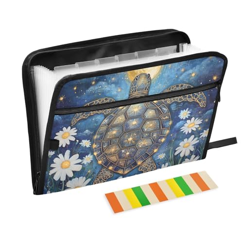 Fächermappe mit Meeresschildkröte, Gänseblümchen, mit Klebeetiketten, 13 Taschen, Akkordeon-Aktenordner, Dokumenten-Organizer mit Reißverschluss von Reiacy