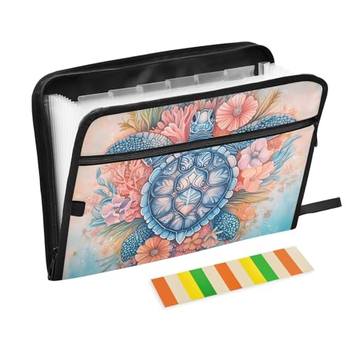 Fächermappe mit Meeresschildkröte, rosa Blumen, mit Klebeetiketten, 13 Taschen, Akkordeon-Aktenordner, Dokumenten-Organizer mit Reißverschluss von Reiacy