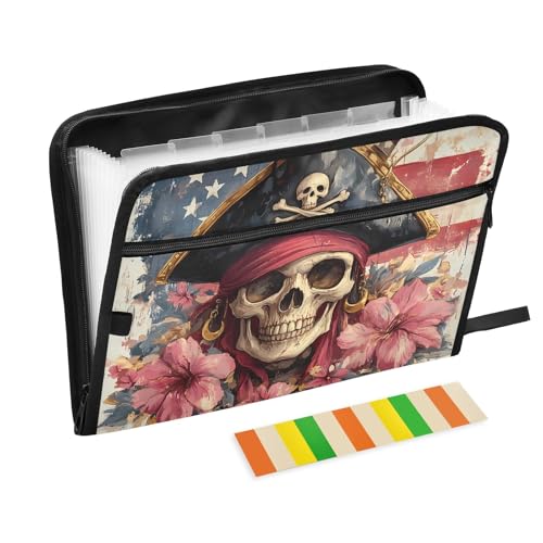 Fächermappe mit amerikanischer Flagge, Skelett, Blume, Pirat, mit Klebeetiketten, 13 Taschen, Akkordeon-Aktenordner, Dokumenten-Organizer mit Reißverschluss von Reiacy