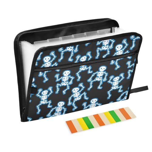 Fächermappe mit lustigen blauen Totenköpfen und Klebeetiketten, 13 Taschen, Akkordeon-Aktenordner, Dokumenten-Organizer mit Reißverschluss von Reiacy