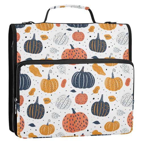 Farbiger Halloween-Kürbis-Druck, 3-Ringbuch, Reißverschluss, Organizer, Tasche mit Schultergurt und Griff, für Schule, Büro von Reiacy