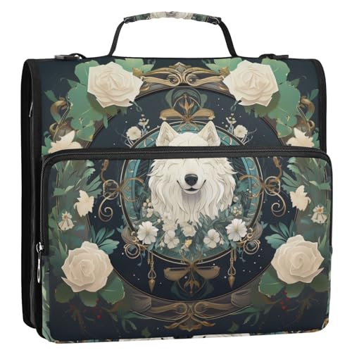 Forest Rose White Wolf 3-Ringbuch mit Reißverschluss, Organizer mit Schultergurt und Griff, für Schule, Büro von Reiacy