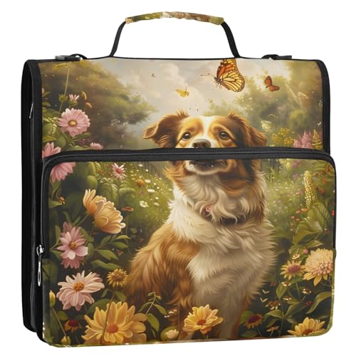 Garden Cute Dog 3-Ringbuch mit Reißverschluss, Organizer mit Schultergurt und Griff, für Schule, Büro von Reiacy