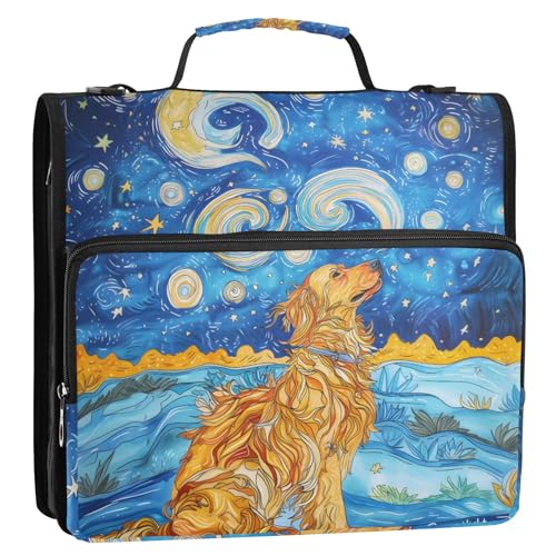 Golden Retriever Sternennacht, 3-Ringbuch, Reißverschluss, Organizer, Tasche mit Schultergurt und Griff, für Schule, Büro von Reiacy